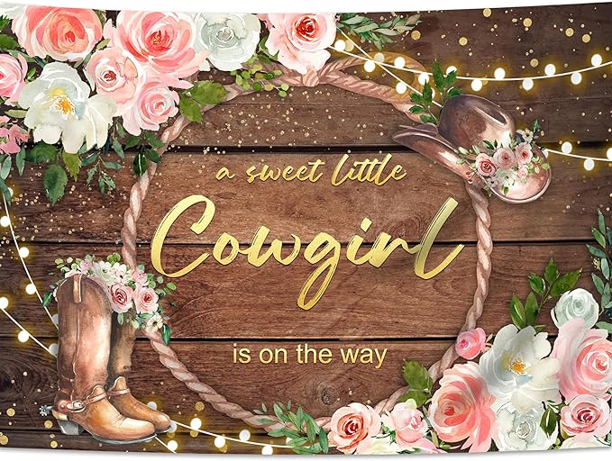 SVBright Western Cowgirl Baby Shower Backdrop 7Wx5H Rustic Country Rural Wood Board Plank Pink Floral Retro Bohemian Hat Plant Botanical Decorations Photography Background Banner Photo Booth Studio