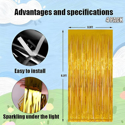 Keyali 4 Pack 3.3 * 8.3 ft Foil Curtain Metallic Tinsel Fringe Curtains Photo Booth Props Backdrop for Birthday Wedding Engagement Baby Shower Christmas Holiday Celebration Partyl,Gold