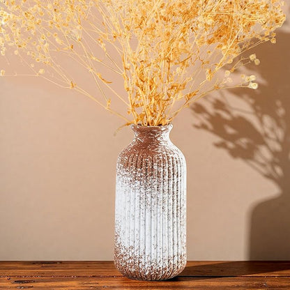 Ceramic Flower Vase Home Décor, 9.25 Inch Rustic Farmhouse Vase, Ribbed Vintage Vase, Pottery Decorative Vases for Living Room, Entryway Table, Shelf, Kitchen Island, Coffee Table(Mottled-Brown)