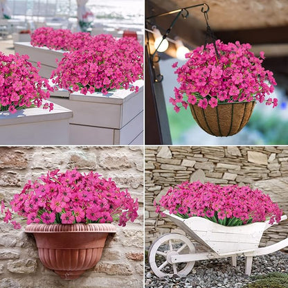 Ouddy Decor 24 Bundles Artificial Flowers for Decorations Fake Silk Plants for Outdoors UV Resistant Faux Plastic Greenery Stems for Garden Porch Window Box Home Spring Decor, Rose Red
