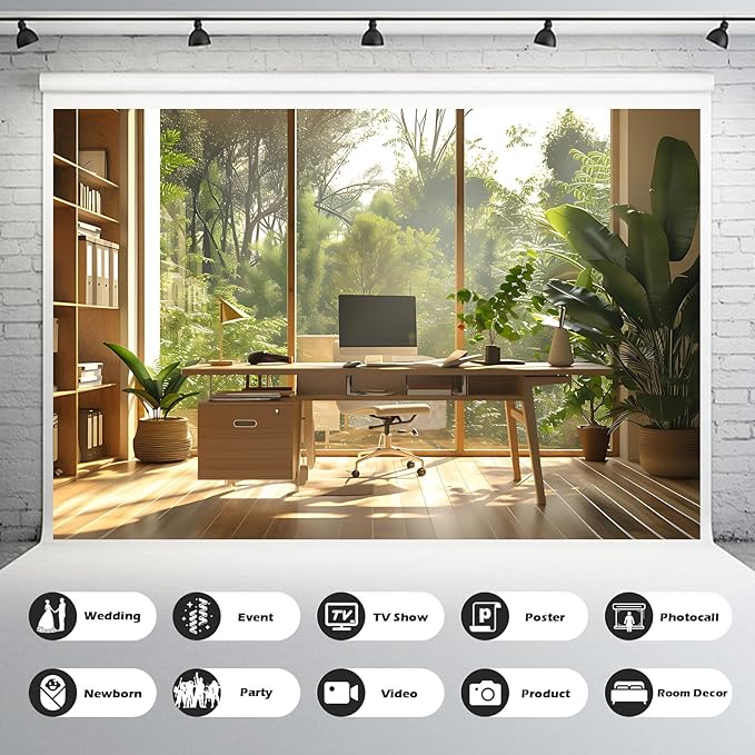 Office Background for Video Conference Modern Cozy Home Office Space Work Place Backdrop Sunlight Indoor Plants Tranquil Work Environment for Live Video Zoom Calls Studio Props Decor 10x8ft
