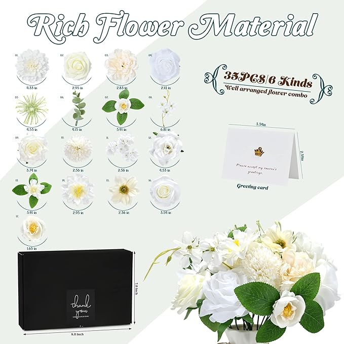 Artificial Flowers Combo Box, Fake Silk Foam Flower Mix with Wire Stem, DIY Wedding Bridal Bouquet Shower Party Home Décor (30-40 Pieces) (White)