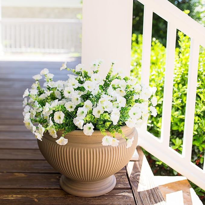 HyeFlora Artificial Flowers for Outdoors Fake Plants Outside Decoration, 12 Bundles Silk White Morning Glory UV Resistant Look Real Faux Flowers for Planter Front Door Porch Patio Yard Gardens Balcony