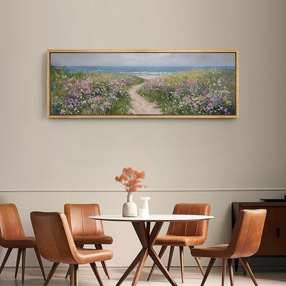 SIGNFORD Large Framed Canvas Print Wall Art Seaside Path with Wildflowers Coastal Landscape Illustrations Modern Art Relax/Calm Warm for Living Room, Bedroom, Office - 60"x20"