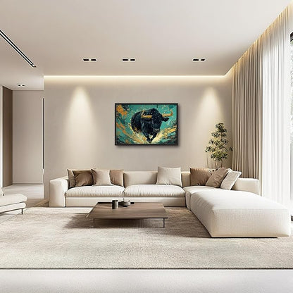 Large Highland Cow Wall Art for Living Room, Teal and Golden Bison Buffalo Wall Decor, Framed Oversized Cow Canvas Painting Modern Artwork for Living Room Bedroom Office Dining Room 36"x24"