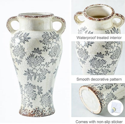 Enra Vintage vase with Handle,12.6 inch Blue and White Ceramic Decorative Flower vase, Chinoiserie Floral Vase,Large Rustic Vases for Home Decors, Living Room, Bookshelf, Office