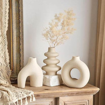 White Ceramic Vase Set of 3, Modern Boho Vases for Home Decor, Small Flower Vases for Pampas Grass, Round White Vases Centerpieces for Wedding Coffee Table Shelf Living Room Bedroom Entryway