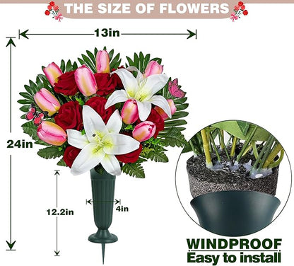 SUHOOKOO Artificial Cemetery Flowers for Outdoor Grave Decorations - Non-Bleed Colors, and Easy Fit - Pink Tulip，White Lily and Red Rose Bouquet