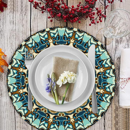 Mandala Round Placemat Set of 6 Elegant Linen Table Mats for Dining, Heat Resistant, Stain Resistant Perfect for Dinner Parties, Restaurants, and Everyday Use
