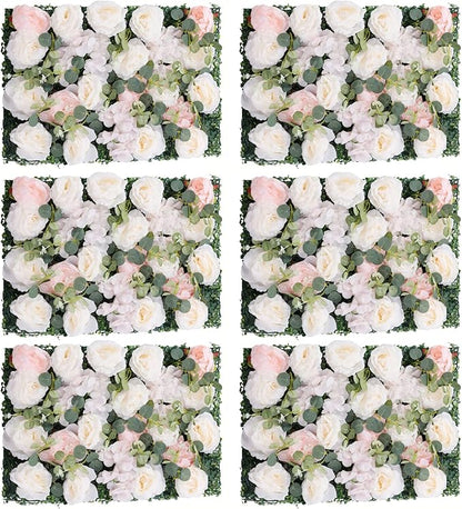 Flower Wall Backdrop, 6 Pcs Flower Wall Panels Artificial Floral Wall Background for Wall Decoration in Wedding Sites, Birthday Parties 24 x 16 Inch (White + Pink)