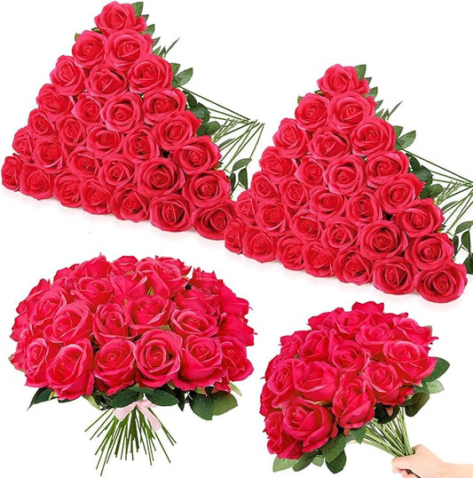 80 Pcs Roses Artificial Flowers, Silk Red Artificial Flowers Petals Long Stem Roses for Wedding Bouquet Home Party Decor