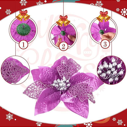 WILLBOND 36 Pieces Christmas Poinsettia Glitter Faux Flowers Christmas Artificial Flowers Tree Ornaments Topper Xmas Decorations(Light Purple)