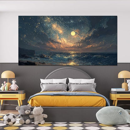 Canvas Wall Art Decor Gold And Blue Art Wall Decor Beach Waves Large Wall Art Pictures For Living Room Decorations Artwork For Walls For Bedroom Office Canvas Pictures For Wall Decor 24 × 48 Inch