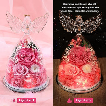 FIACO Gifts for Women Preserved Rose Forever Flower in Glass Angel Figurine Fresh Flowers for Delivery Mothers Day Birthday Gifts for Mom Grandma Wife Sister Pink