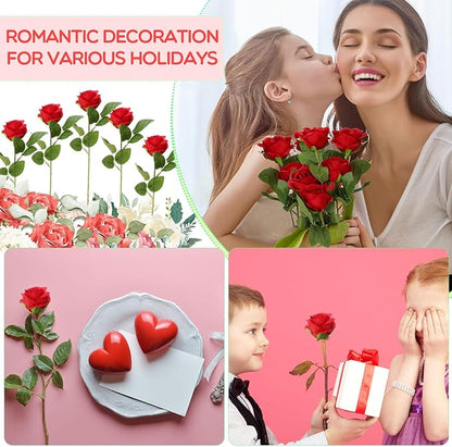 Hotop 120 Pcs Roses Artificial Flowers in Bulk,Long Stem Artificial Flower Bouquet,Silk Real Touch Fake Rose for Wedding Party Table Centerpieces Decor Valentines Gifts(Red)