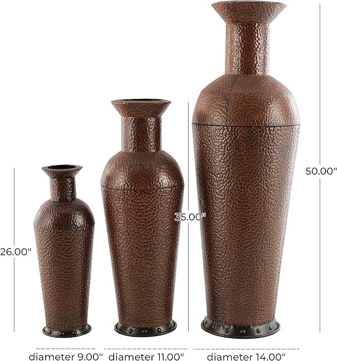 Deco 79 Metal Decorative Vase Indoor Outdoor Tall Floor Bottleneck Centerpiece Vases with Bubble Texture and Studs, Set of 3 Flower Vases for Home Decoration 50", 35", 26"H, Dark Brown