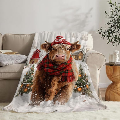 Highland Cow Blanket Christmas Cattle Throw Blanket Winter Snow Soft Cozy Fleece Fuzzy Stuffed Plush Farm Animal Flannel Gifts for Girls Women Boys Kids Adults 60"X80"