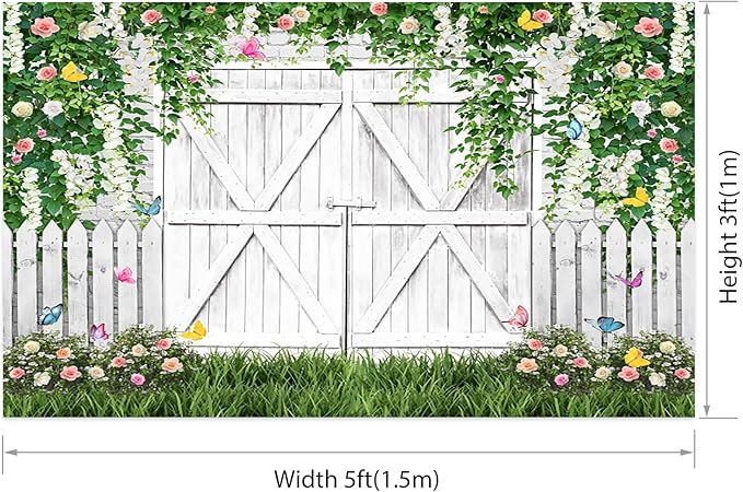 AOFOTO White Barn Door Floral Backdrop 5x3ft Spring Garden Background Banner Green Leaves Flowers Butterfly Wooden Door Backdrops Birthday Bridal Shower Wedding Banner Photo Booth Studio Props