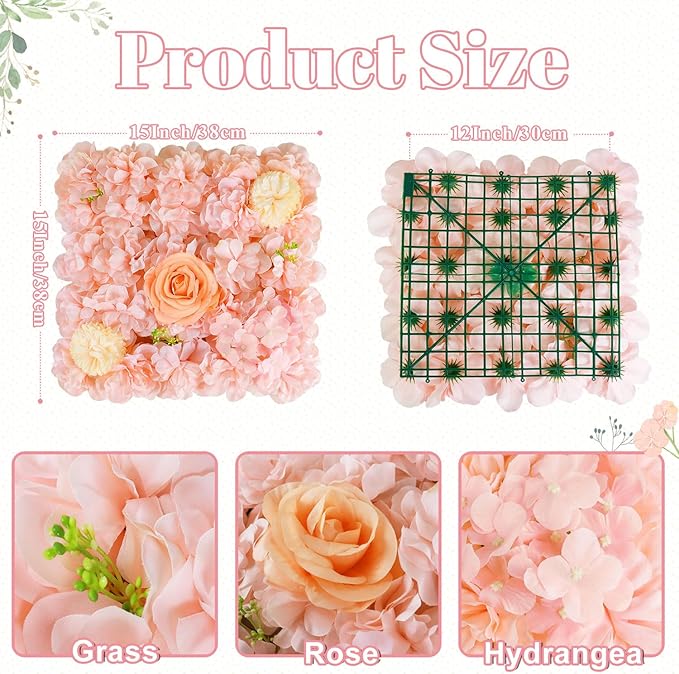 FOTSHARER Pink Artificial Flower Wall 15''x15'' Floral Wall Panels 12 PCS Wedding Flower Panels for Backdrop Floral Wall Set for Parties