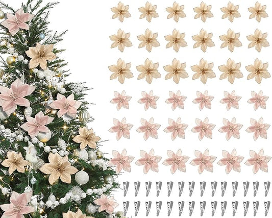 WILLBOND 24 Pcs 3 Size Poinsettia Flower Artificial Christmas Decor Glitter Poinsettia Christmas Ornaments Faux Flowers for Xmas Tree Outdoor(3.2/4/6 Inches,Champagne and Rose Gold)
