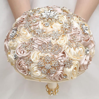 Handmade Satin Rose Floral Bling Pearl Decor Bridal Wedding Bouquet Rhinestone Pendant Artificial Brooch Flowers for Bride Bridesmaid Quinceanera