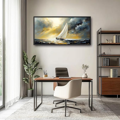 Ocean Sailboat Large Wall Art Framed Wall Decor for Living Room Abstract Boat Pictures Oversized Canvas Print Painting Modern Extra Large Artwork for Bedroom Office Home Decor 60"x30"