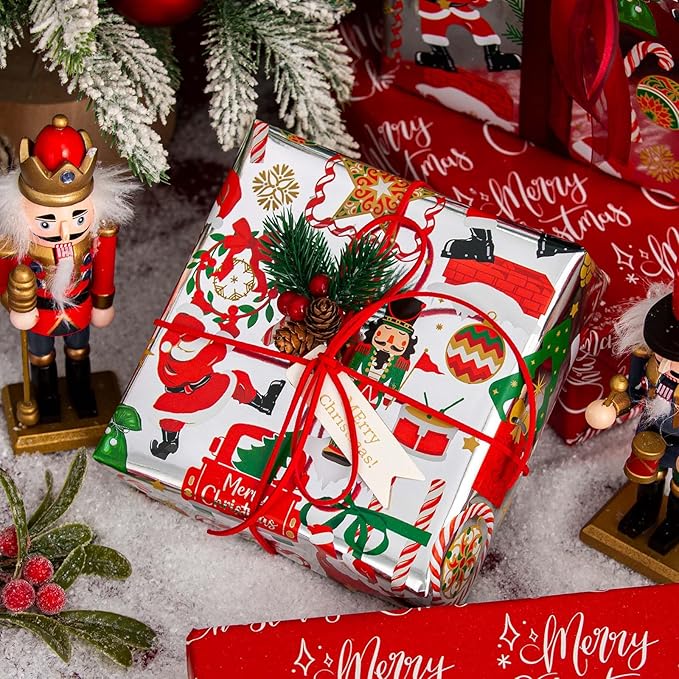 MAYPLUSS Christmas Nutcracker Wrapping Paper - 17 Inch X 33 Feet - Metallic Silver Christmas Tree Santa Claus Candy Cane Reversible Snowflake Gift Wrapping Paper for Holiday Party New Year Kids