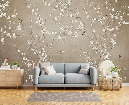 Plum Blossom Flower Bird Chinoiserie Wall Mural Wallpaper for Bedroom 137" x 100"
