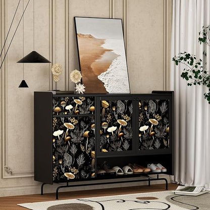 Boho Wallpaper Peel and Stick Dark Floral Contact Paper 17.5" x 197" Vinyl Self Adhesive Vintage Mushrooms Wall Mural Leaf Wall Paper for Room Countertop Drawer Decor(Golden,Black)