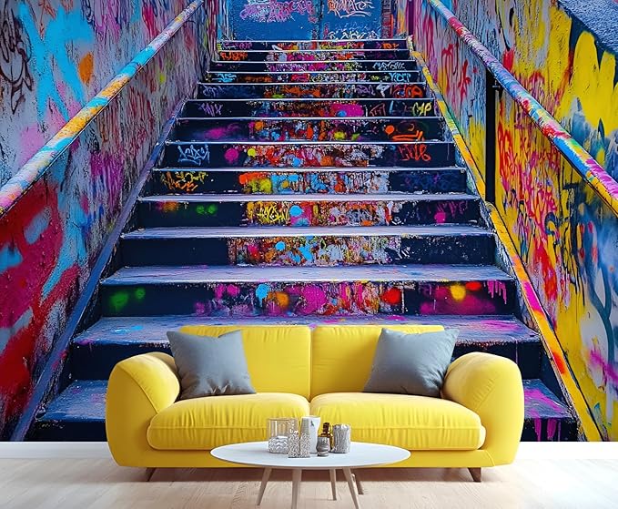 Graffiti Staircase Wall Mural, Urban Street Art 3D Wall Murals, Modern Hip-Hop Colorful Graffiti Steps Wallpaper Mural, for Living Room Bedroom Large Wallpaper Indoor Decor 98.4" W x68.9 H