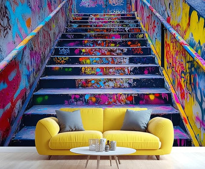 Graffiti Staircase Wall Mural, Urban Street Art 3D Wall Murals, Modern Hip-Hop Colorful Graffiti Steps Wallpaper Mural, for Living Room Bedroom Large Wallpaper Indoor Decor 98.4" W x68.9 H