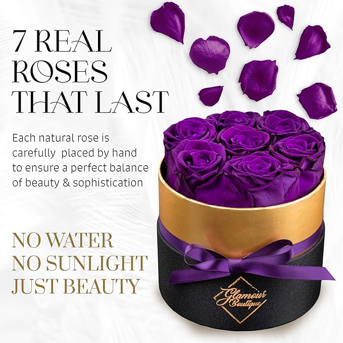 GLAMOUR BOUTIQUE Eternal Preserved Roses in a Box - Flowers Forever, Rose Forever in a Box for Wife, Birthday Gifts for Her, 7 Roses, Purple