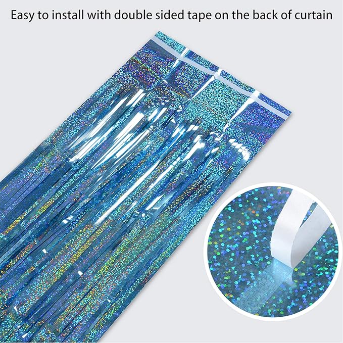 Melsan 2 Pack 3.2 ft x 8.2 ft Tinsel Foil Fringe Curtains Backdrop, Blue Sparkle Metallic Foil Curtains for Party Photo Booth Props Baby Shower Decoration, Light Blue