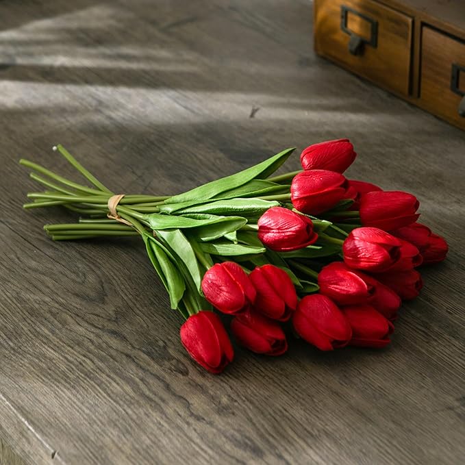 20pcs Red Artificial Tulip Flowers, Silk Fake Flowers 13" for Mother's Day, Easter, Valentine’s Day Gifts in Bulk, Home, Kitchen, Wedding Decorations