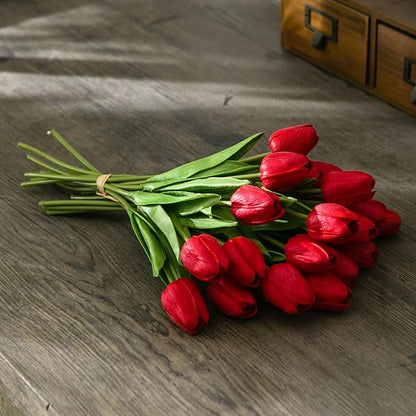 20pcs Red Artificial Tulip Flowers, Silk Fake Flowers 13" for Mother's Day, Easter, Valentine’s Day Gifts in Bulk, Home, Kitchen, Wedding Decorations