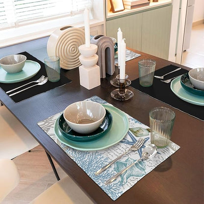 Nautical Placemats Set of 4,Summer Starfish Beach Theme Ocean Seashell,Blue Coastal Linen Fabric Table Mats for Home Kitchen Dining Party Decor 6 PCS