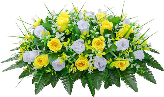 Artificial Cemetery Flowers Saddle-Shaped Tombstone Decorations Non-Fading UV-Resistant（Yellow and white saddle ）