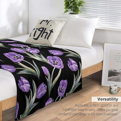 Purple Tulip Blanket Flower Gifts for Girls Women Tulip Floral Throw Blanket for Kids Adults Soft Warm Cozy Fleece Blanket for Couch Sofa Bed 50"x60"