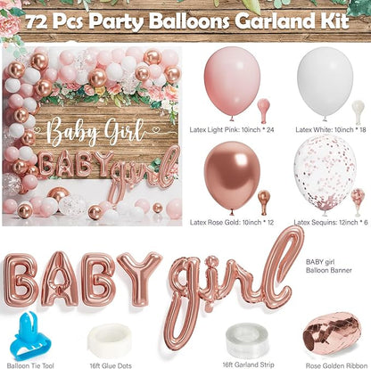 Ecomore Baby Shower Decorations for Girl - 249 PCS Baby Girl Gender Reveal Party Supplies & Disposable Dinnerware Set (25 Guest) with Pink Rose Gold Floral Paper Plates Backdrop Tablecloth Balloon Kit