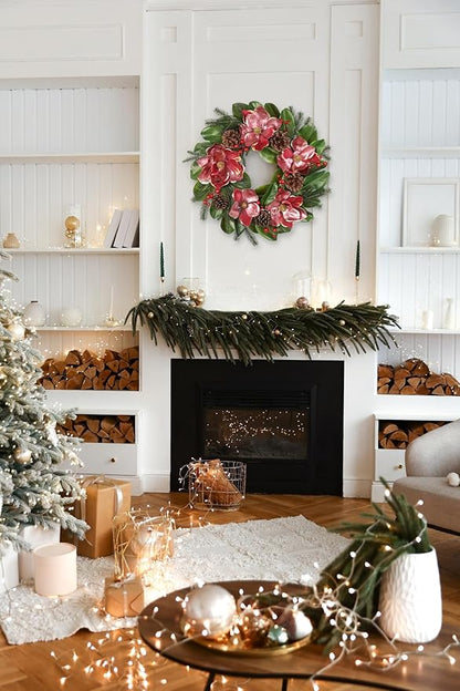 Briful 2 Pack 18.9in Christmas Magnolia Flower Branches, Artificial Magnolia Floral Picks and Spray with Pinecones Berries for Xmas Tree Vase Arrangements Decor