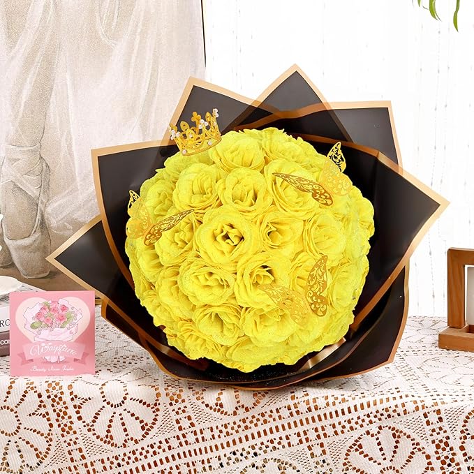 Waipfaru Glitter Roses Bouquet, DIY Fake Flowers Bouquet, Yellow Artificial Flower for Mothers Day Gifts, Valentines, Anniversary, Engagement, Wedding, 36 Pcs