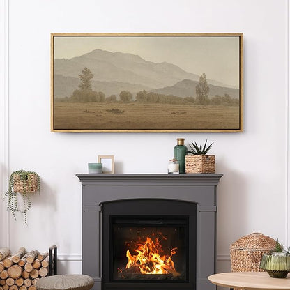 SIGNFORD Extra Large Framed Canvas Print Wall Art Misty Mountain Landscape Tranquil Nature Scenery Illustrations Modern Art Calm Warm for Living Room, Bedroom, Office - 60"x30"