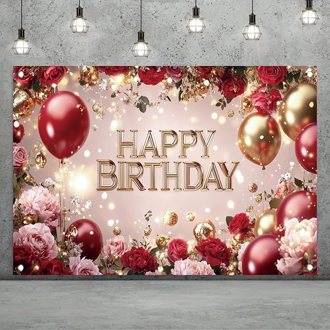 Red and Gold Happy Birthday Backdrop Banner Elegant Roses Balloons Photography Background Birthday Party Decorations Photo Booth Props Supplies 71x43 Inch