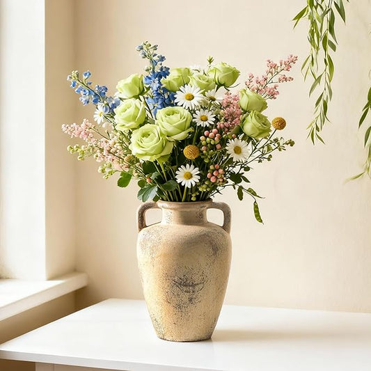 Rustic Vase for Flower, 8.85 inch Ceramic Vintage Vases with Handle, Tall Terracotta Christmas Farmhouse Vase for Home Decor, Living Room Shelf Decor, Enterway, Table, Lyeec