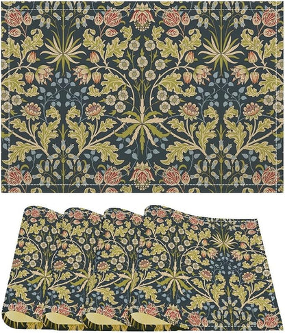 William Morris Vintage Flower Placemats Boho Rural Farmhouse Art Printed Dining Table Mats Set of 4 for Home Kitchen Holiday Picnic Party Decor 12x18in