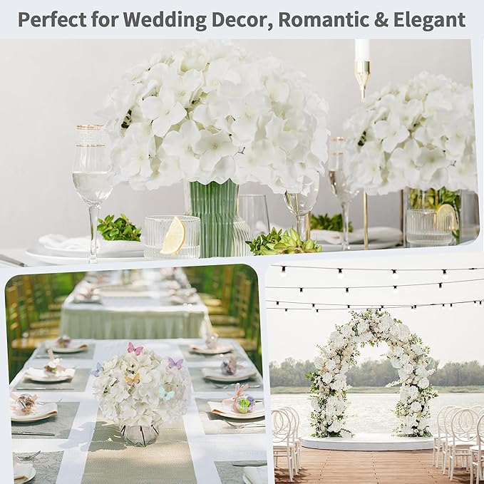 64PCS Artificial Hydrangea Flowers with Stems, Silk Hydrangea Heads with LED Decorative Lights, Crystal Strings & Butterfly Accents for Wedding Centerpieces and Home Decor(64, Ivory)