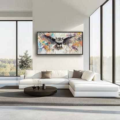 Large Banksy Owl Wall Art for Living Room, Framed Oversized Owl Wall Decor Wild Animal Canvas Painting Pictures Modern Artwork for Living Room Bathroom Bedroom Office Dining Room 60"x30"