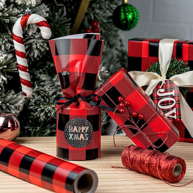 WRAPAHOLIC 30 Inch Christmas Wrapping Paper Roll - Black and Red Plaid Design for Christmas, Holiday, Party, Celebration - 30 Inch x 33 Feet