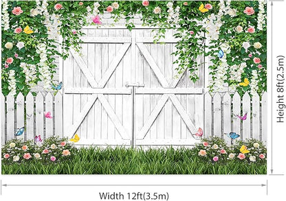 AOFOTO White Barn Door Floral Backdrop 12x8ft Spring Garden Background Banner Green Leaves Flowers Butterfly Wooden Door Backdrops Birthday Bridal Shower Wedding Banner Photo Booth Studio Props