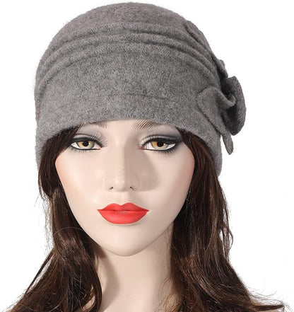 ZLYC Women Wool Cloche Bucket Hat 1920s Vintage Dress Winter Hats with Flower Accent